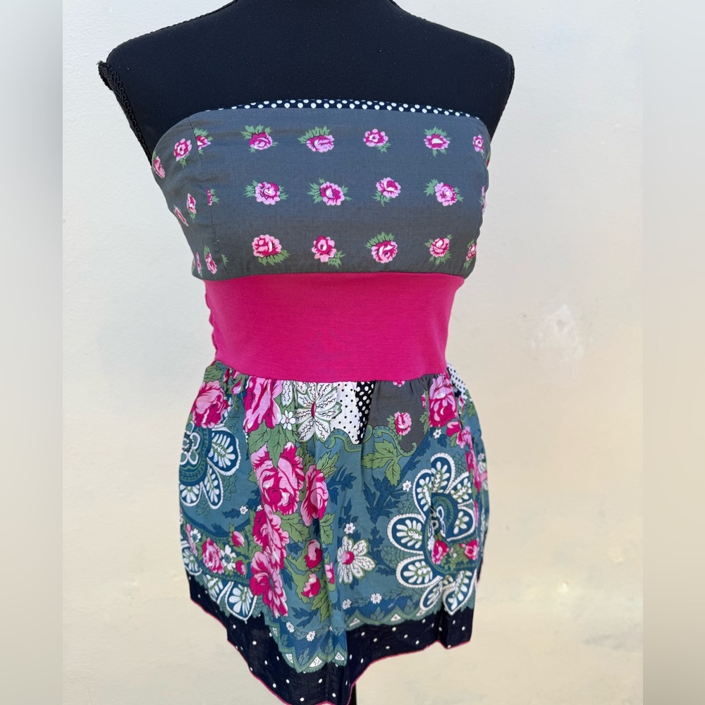 Y2K Strapless Floral Boho Tube Top Pink Waist Tie Size L ( fits M)